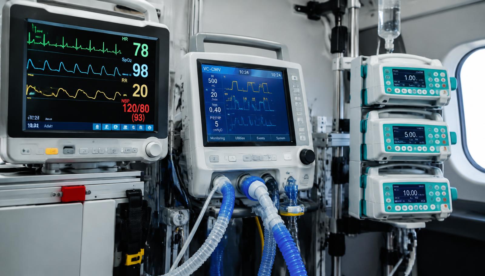 Monitor de signos vitales, ventilador y bombas de infusión a bordo de un avión