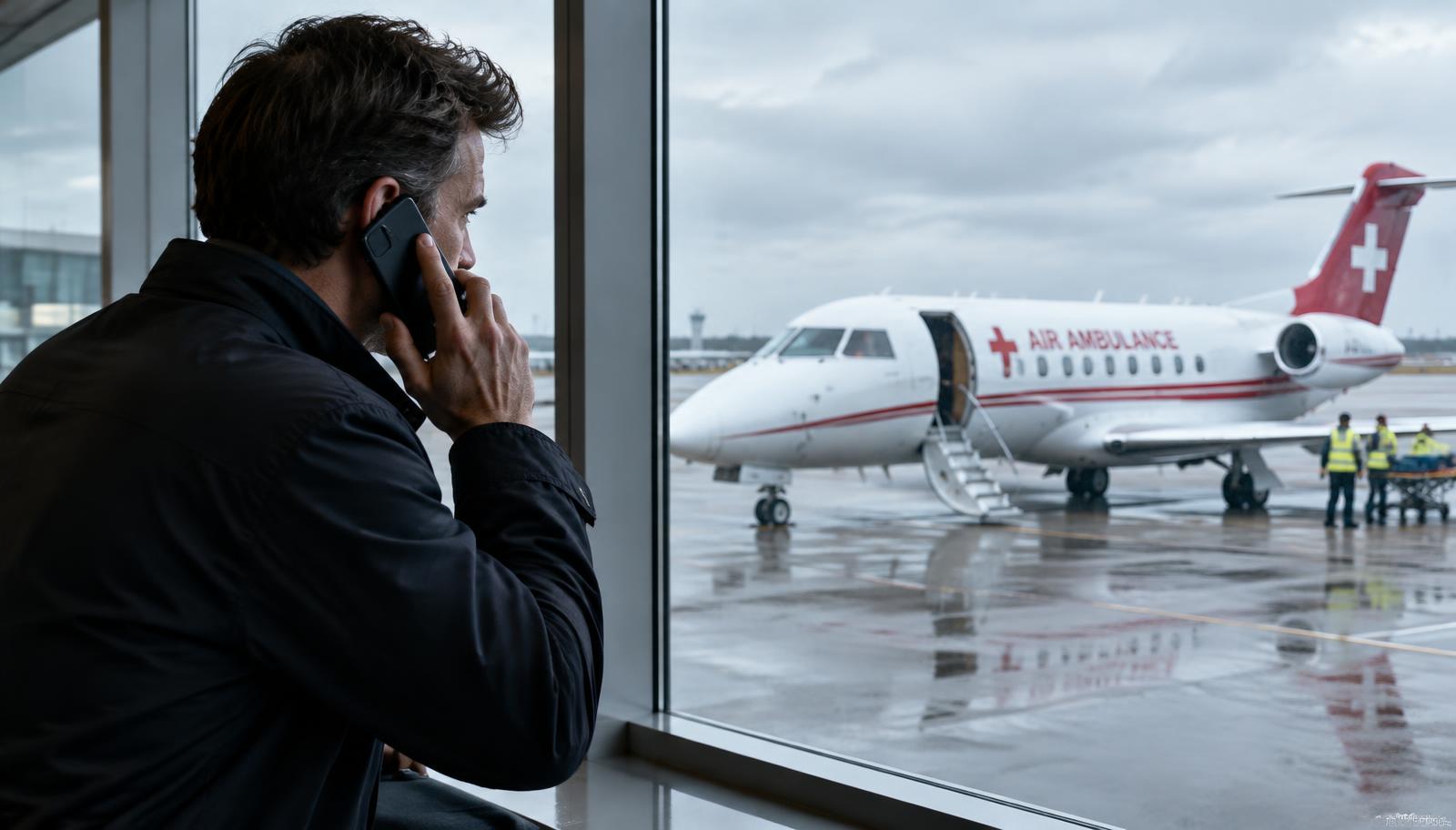 Persona llamando por teléfono frente a una ambulancia aérea en el aeropuerto