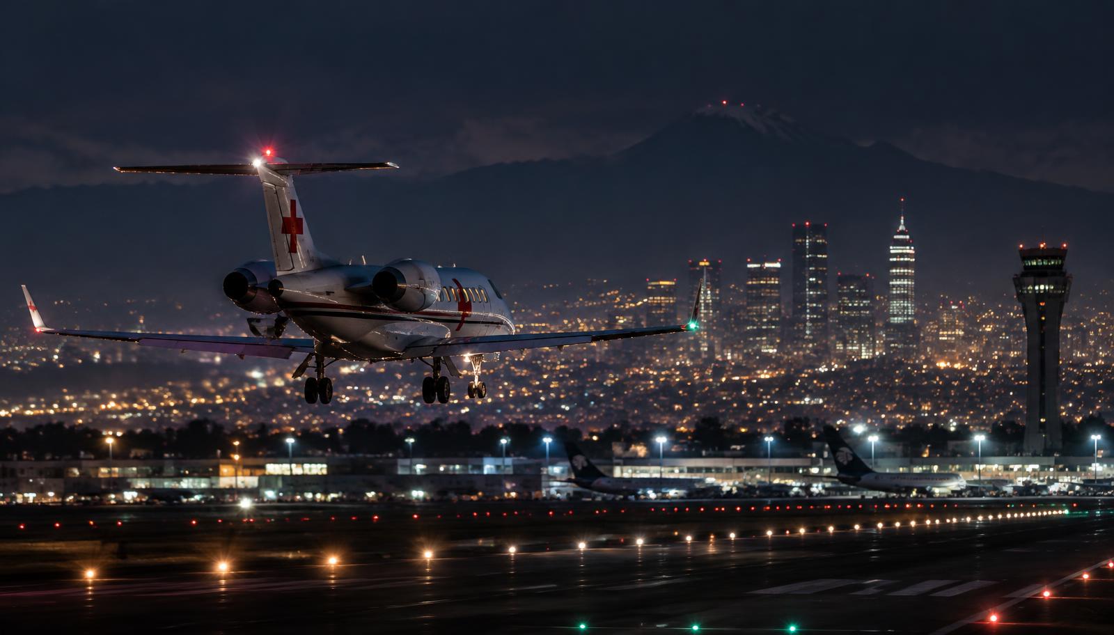 Ambulancia aérea aterrizando de noche en Ciudad de México