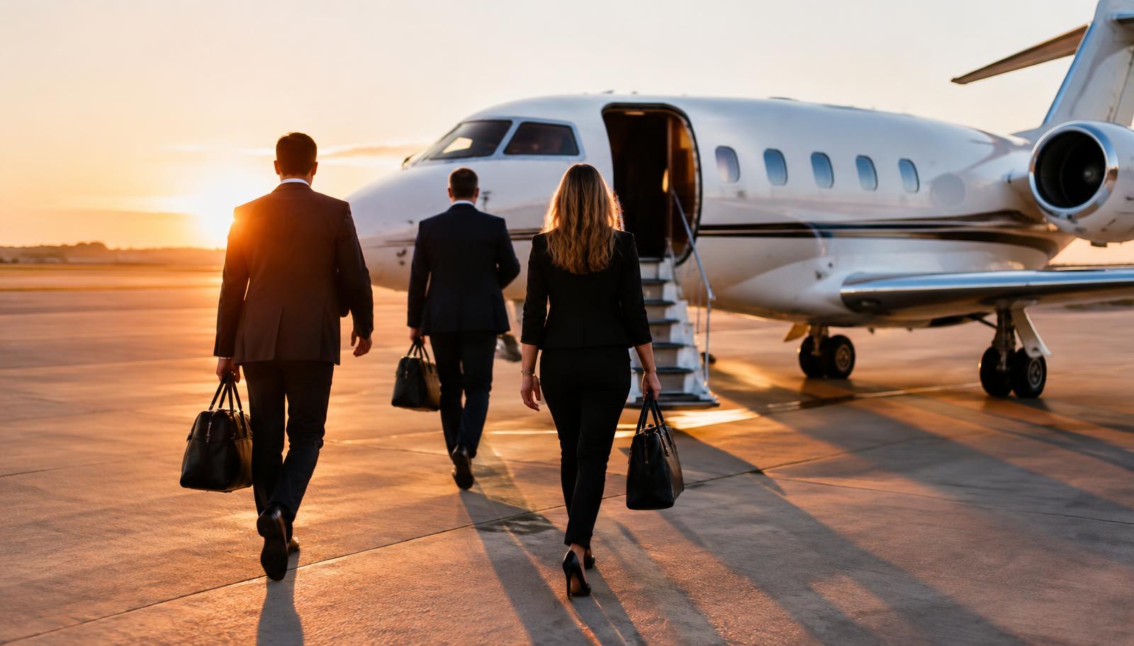 Pasajeros caminando hacia un jet ejecutivo al amanecer
